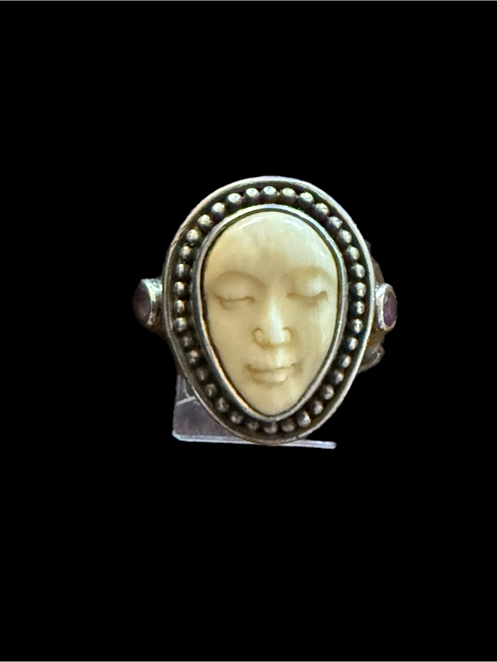 Sterling Carved Bone Finish Face Amethyst  Ring with Beaded
